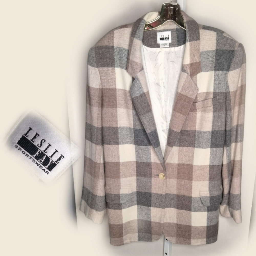Vtg Leslie Fay plaid blazer neutral colors sz10